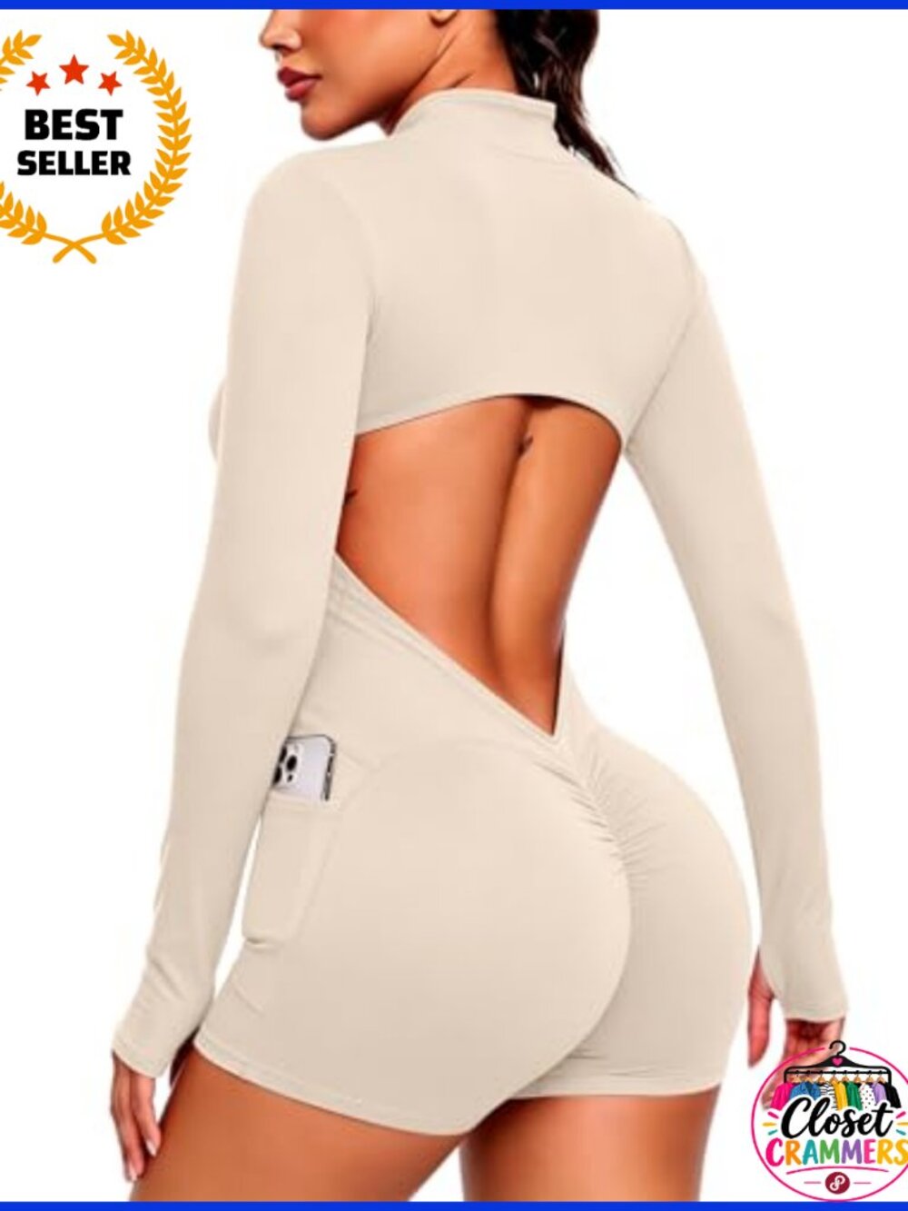 SEASUM Zip Up Workout Jumpsuit Backless Long Sleeve Romper Bodysuit